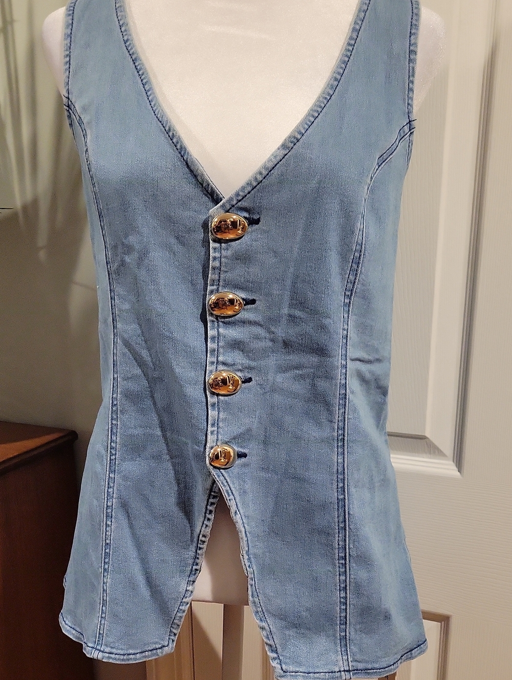 Commense Light Wash Denim Button Front Vest with Gold Buttons